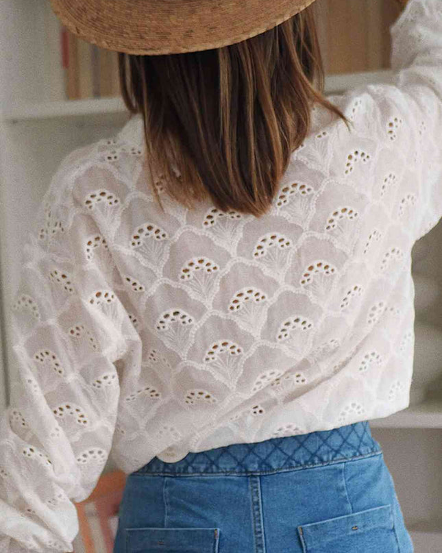 Eyelet Notched Neck Flounce Sleeve Blouse