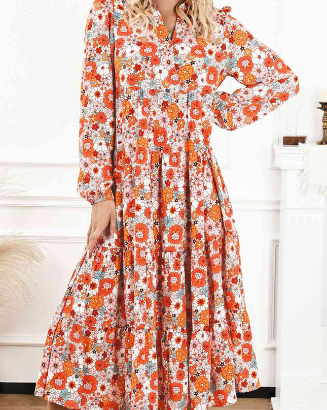 Floral Notched Neck Long Sleeve Dress