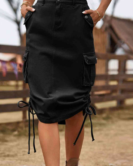 Drawstring Denim Cargo Skirt