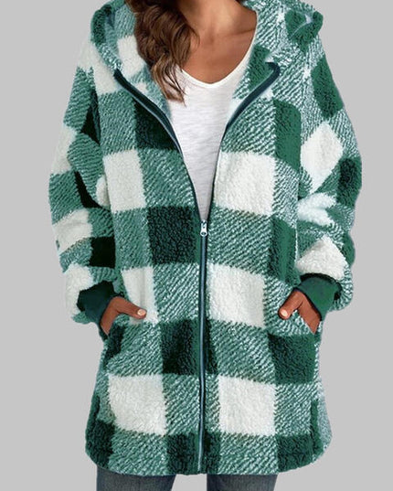 Plaid Zip-Up Hooded Jacket with Pockets