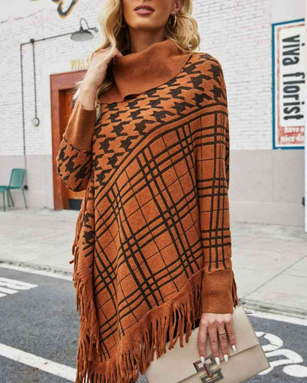 Houndstooth Turtleneck Fringe Hem Poncho