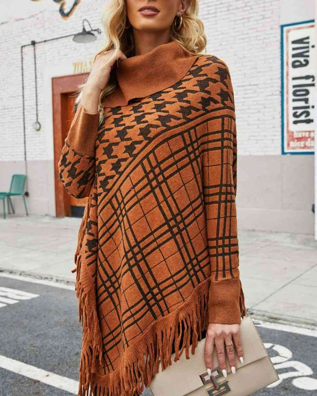 Houndstooth Turtleneck Fringe Hem Poncho