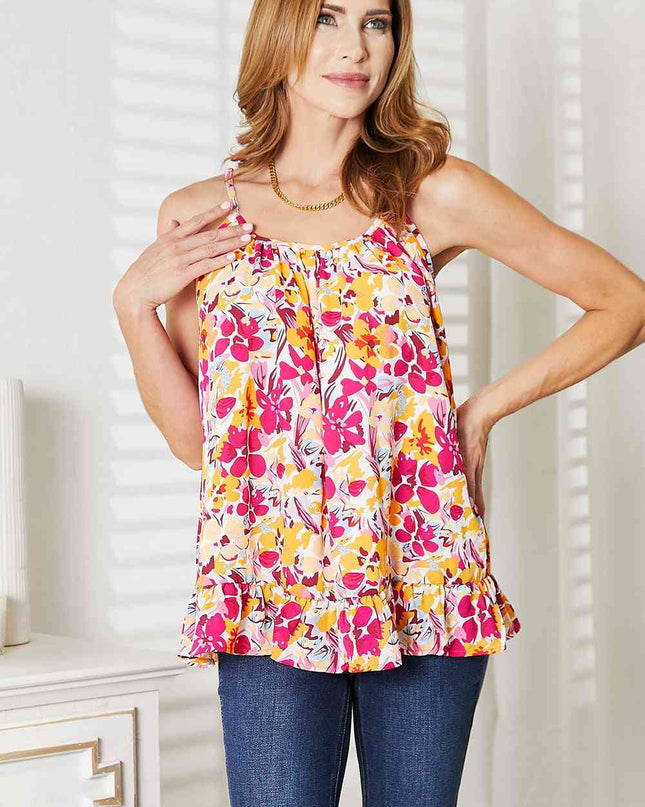 Double Take Floral Scoop Neck Ruffle Hem Cami