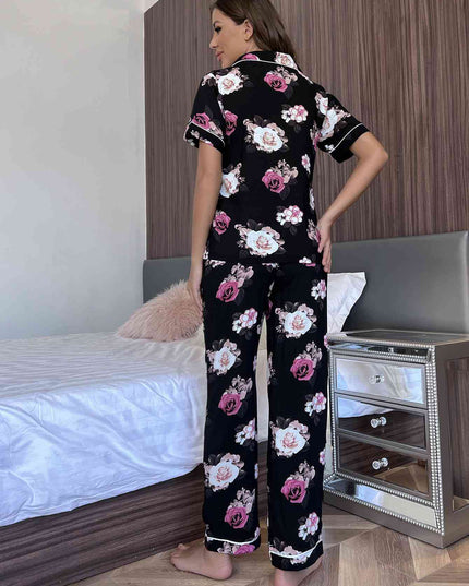 Floral Short Sleeve Shirt and Pants Lounge Set