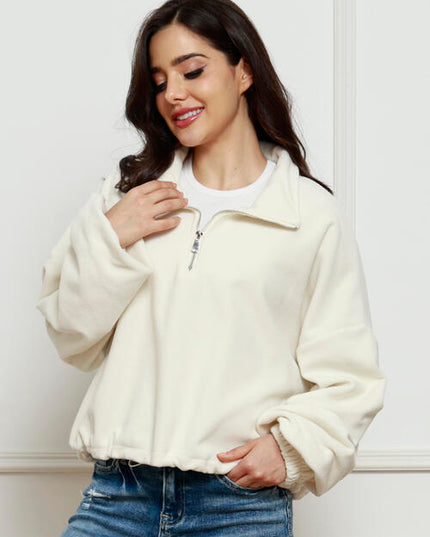 Half-Zip Collared Drop Shoulder Fleece Sweatshirt