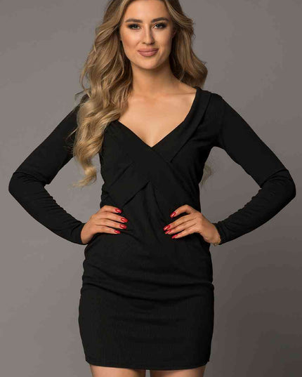 Long Sleeve Plunge Ribbed Bodycon Dress