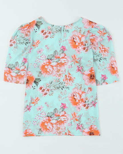 Summer Lover Floral Puff Sleeve Round Neck Blouse