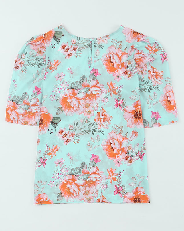 Summer Lover Floral Puff Sleeve Round Neck Blouse