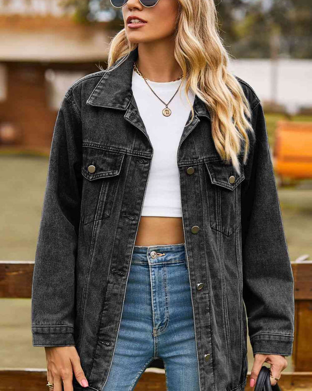 Buttoned Collared Neck Denim Jacket with Pockets