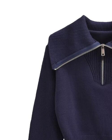 Half Zip Ribbed Collared Neck Knit Top