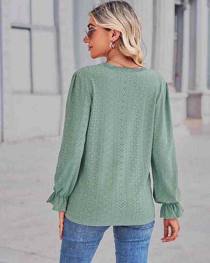 Eyelet V-Neck Flounce Sleeve Blouse
