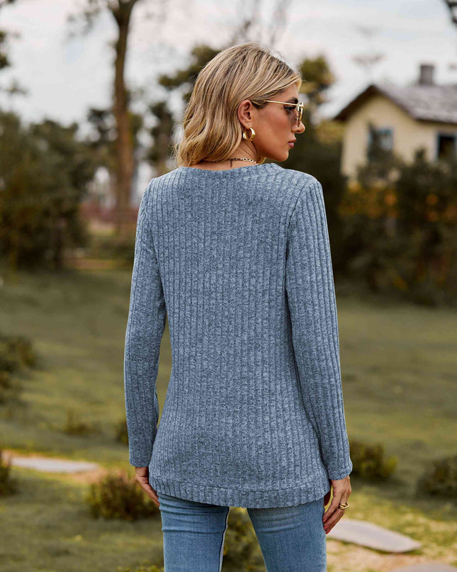 Ribbed V-Neck Long Sleeve Tee