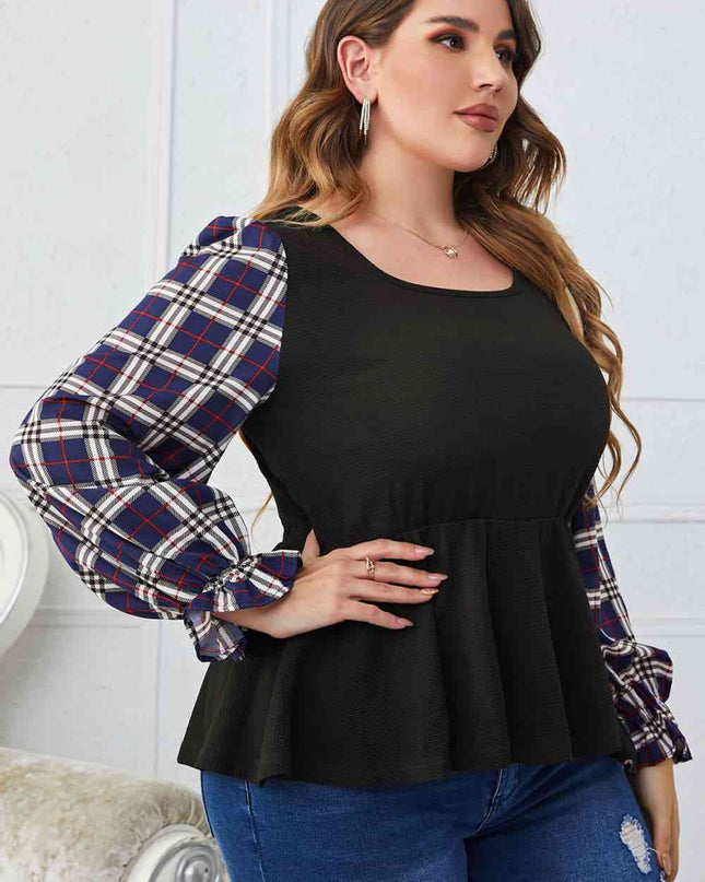 Melo Apparel Plus Size Plaid Print Square Neck Ruched Blouse