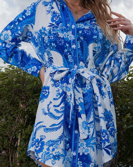 Tie Waist Button-Down Collared Neck Printed Dress