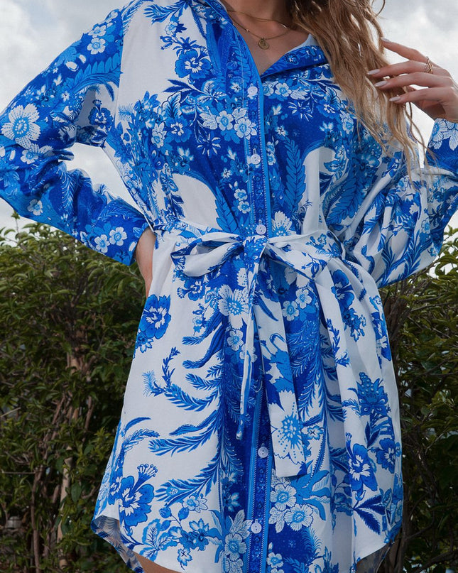Tie Waist Button-Down Collared Neck Printed Dress
