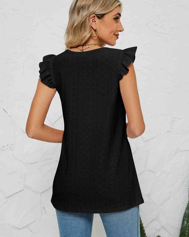 Smocked Round Neck Eyelet Top