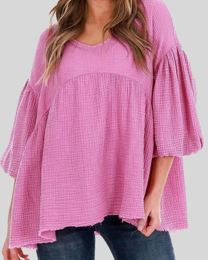 Lantern Sleeve Round Neck Blouse