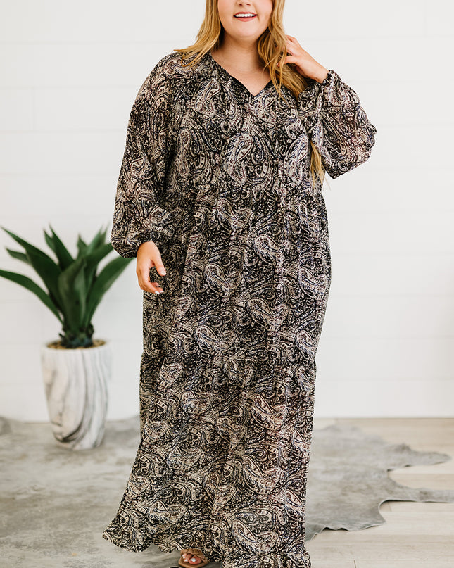 Plus Size Paisley Print Balloon Sleeve Maxi Dress
