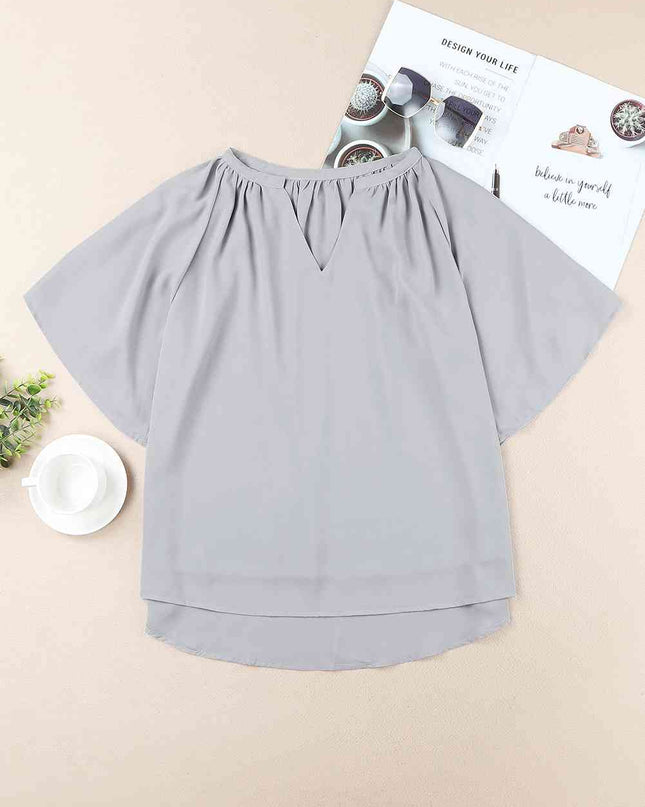 Gathered Detail Notched Neck Flutter Sleeve Top