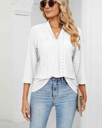 Eyelet Three-Quarter Sleeve Blouse