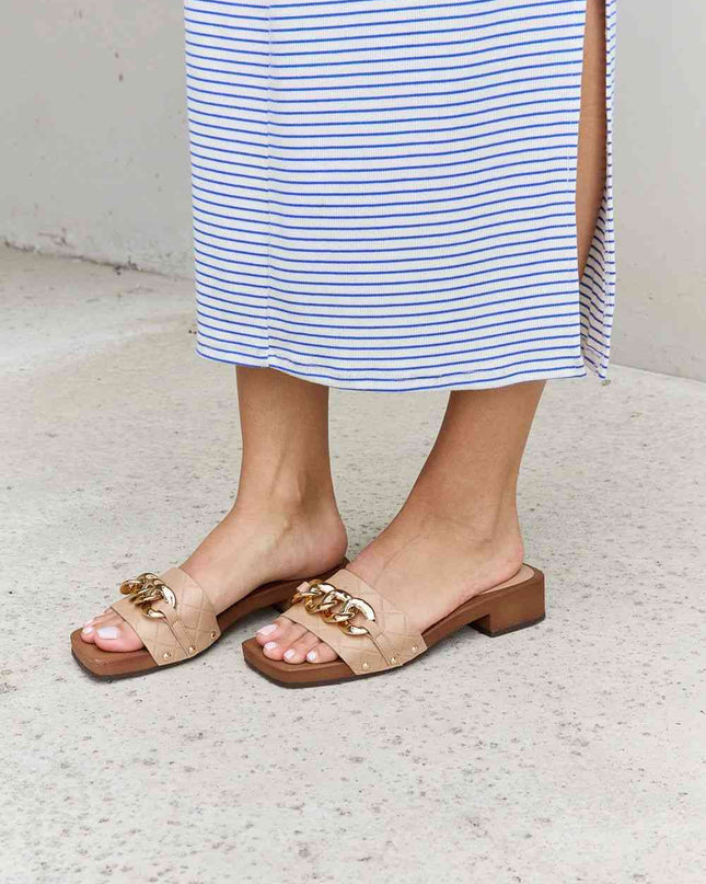Forever Link Square Toe Chain Detail Clog Sandal in Tan