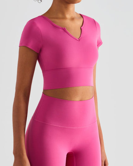 Notched Neck Short Sleeve Cropped Sports Top