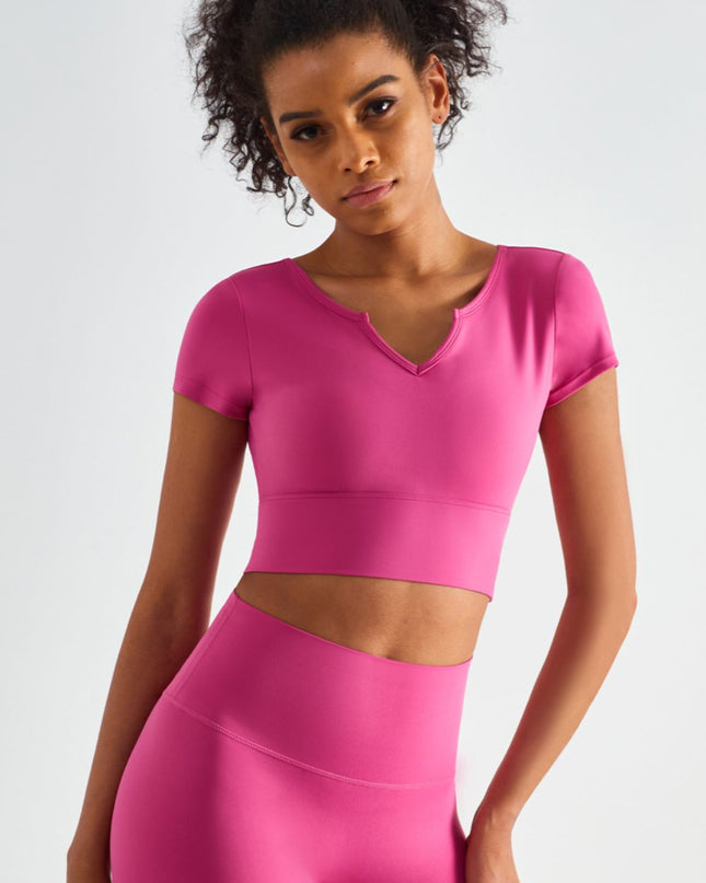 Notched Neck Short Sleeve Cropped Sports Top