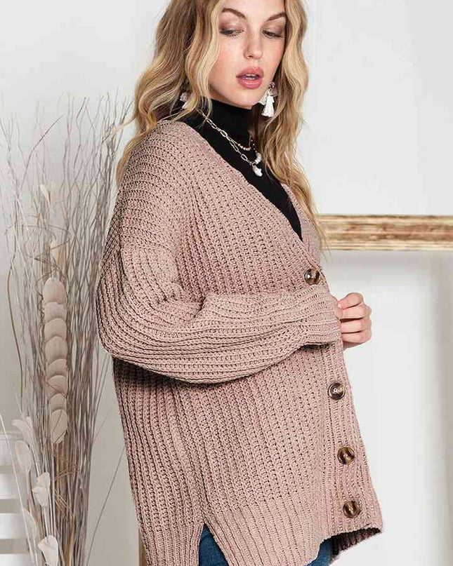 Full Size Button-Up V-Neck Long Sleeve Cardigan