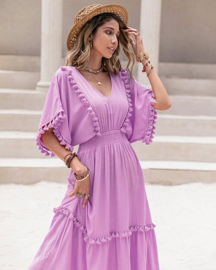 Tassel Trim Smocked V-Neck Short Sleeve Dress