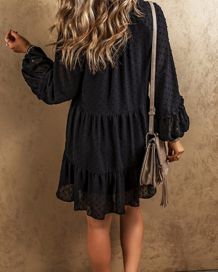 Swiss Dot V-Neck Ruffle Trim Mini Tiered Dress