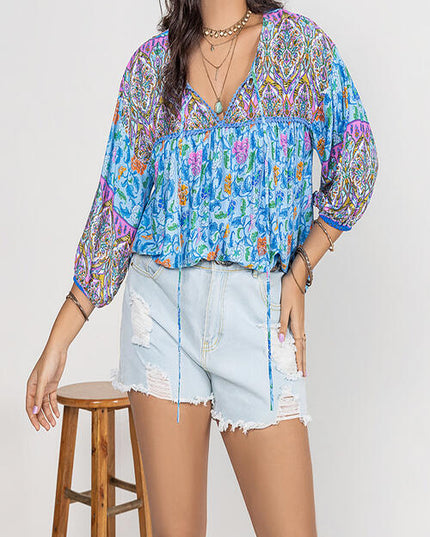 Plus Size Printed Tie Neck Balloon Sleeve Blouse