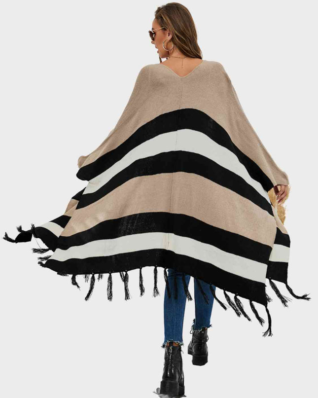 Striped Open Front Fringe Cardigan
