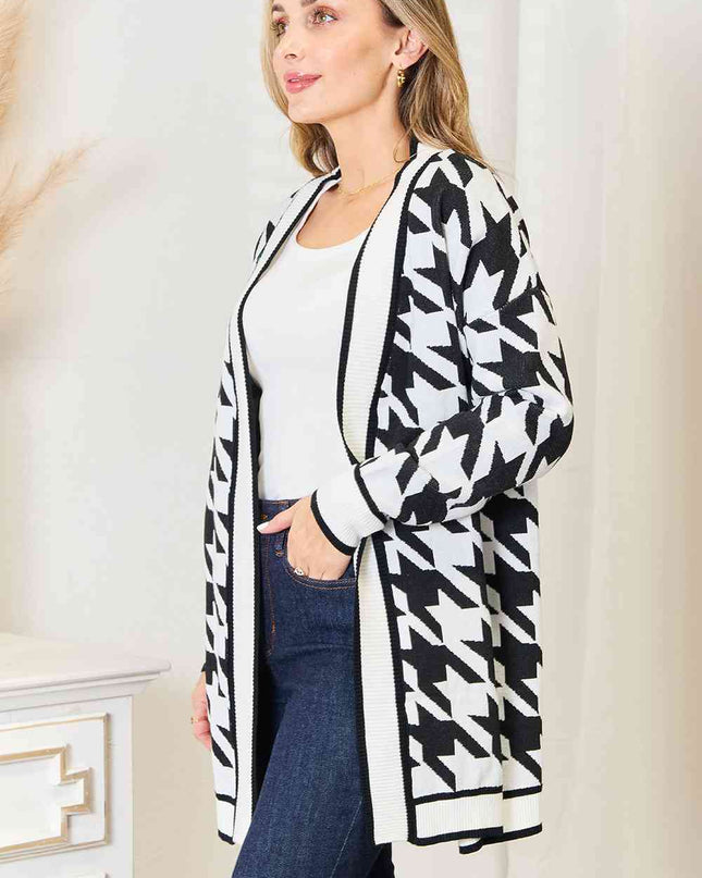 Woven Right Houndstooth Open Front Longline Cardigan