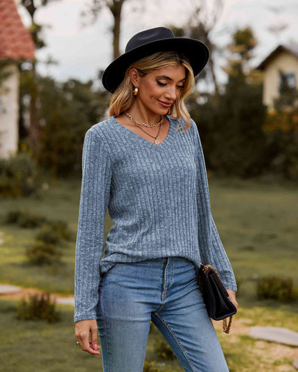 Ribbed V-Neck Long Sleeve Tee