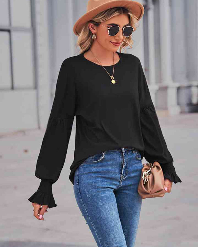 Round Neck Flounce Sleeve Blouse