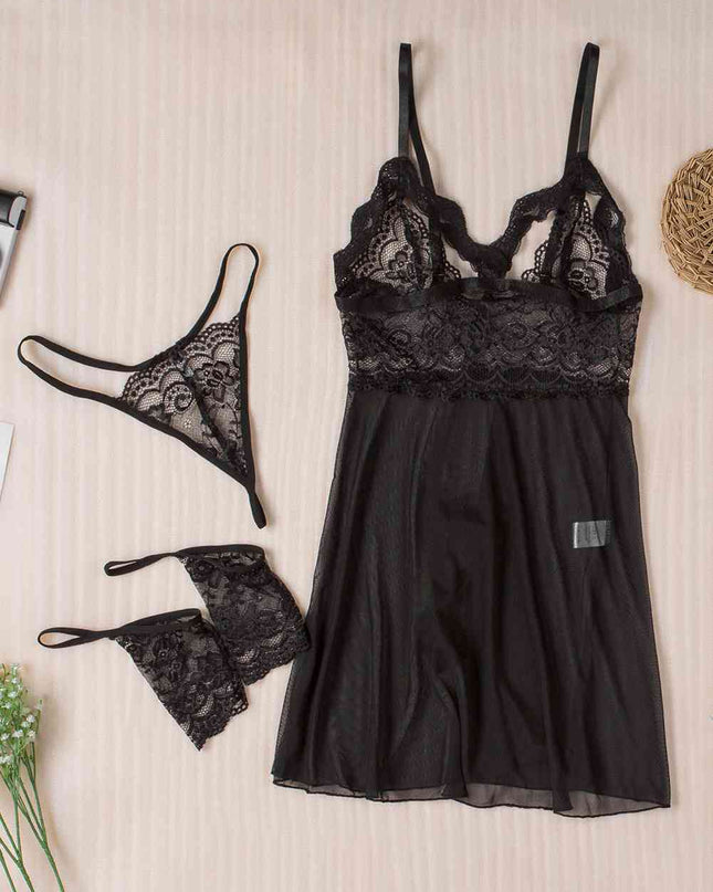 Spaghetti Strap Mesh Lace Babydoll Set
