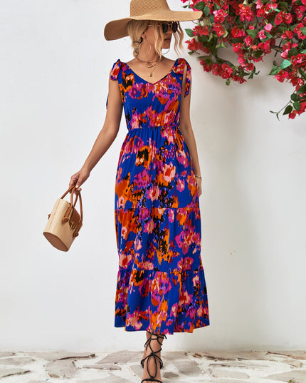 Multicolored V-Neck Backless Midi Dress