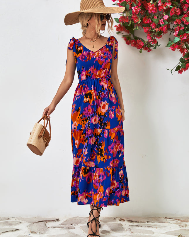 Multicolored V-Neck Backless Midi Dress