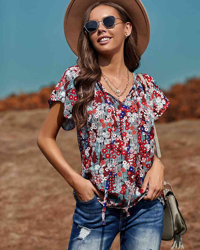 Floral Flutter Sleeve Tie-Neck Blouse