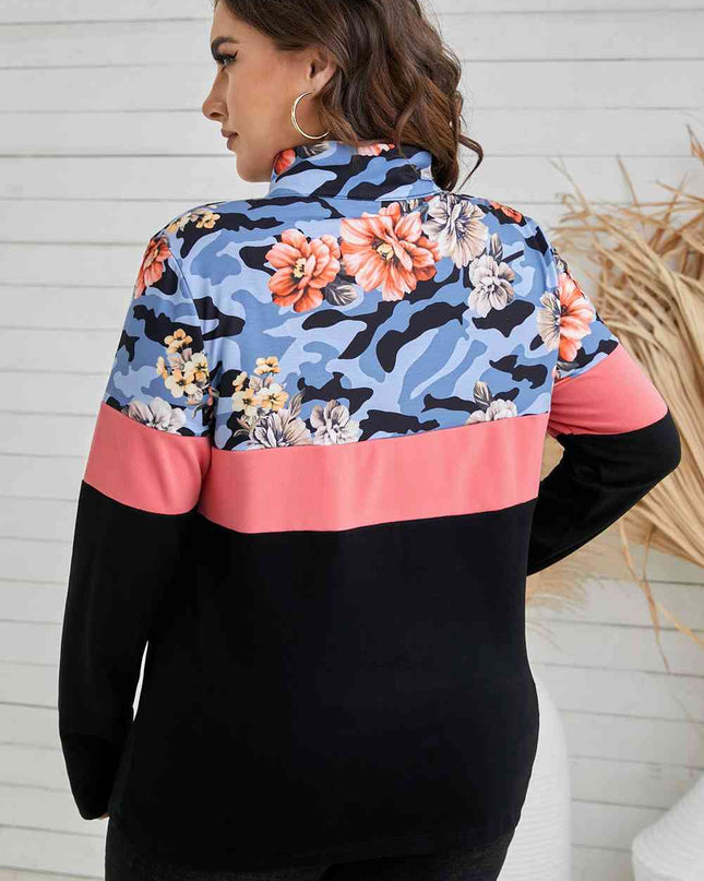 Plus Size Floral Color Block Quarter Zip Top