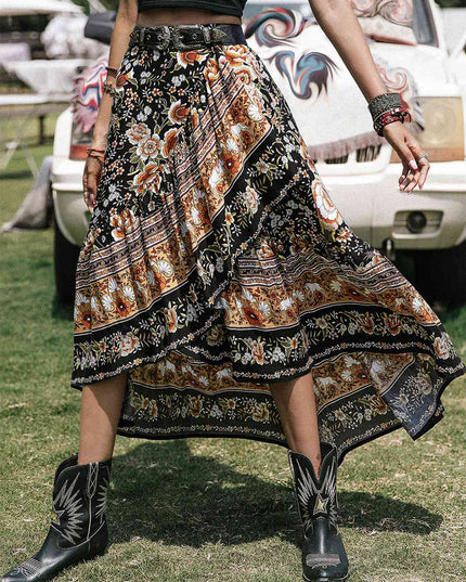 Printed High-Low Ruffle Hem Skirt