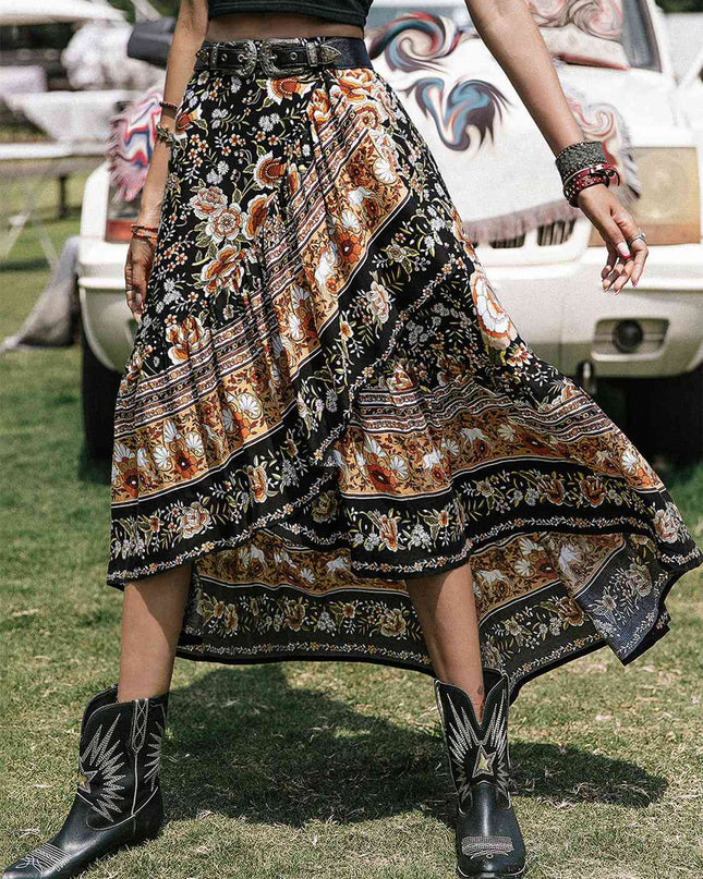 Printed High-Low Ruffle Hem Skirt