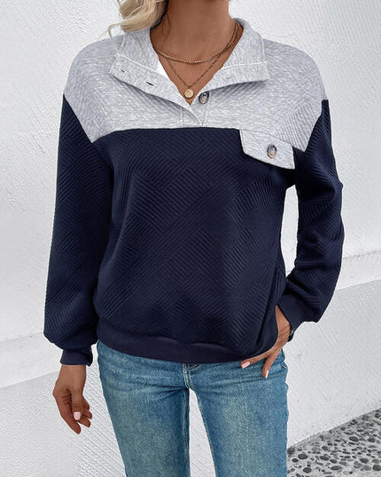 Textured Contrast Half Button Sweatshirt