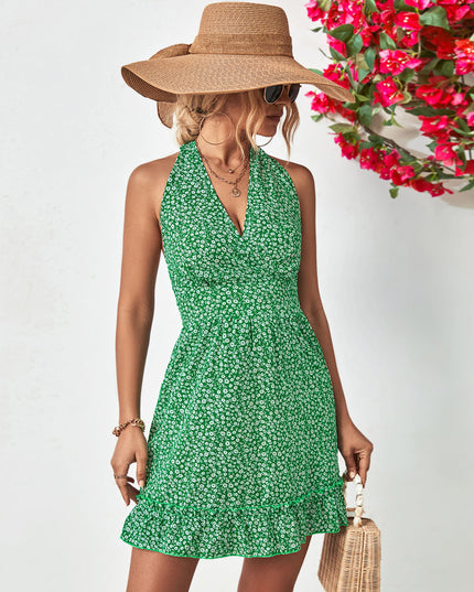 Ditsy Floral Halter Neck Ruffle Hem Dress