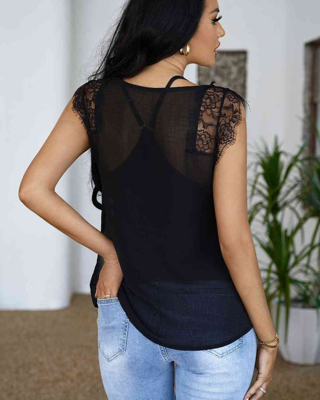 Eyelash Trim Spliced Lace V-Neck Tank