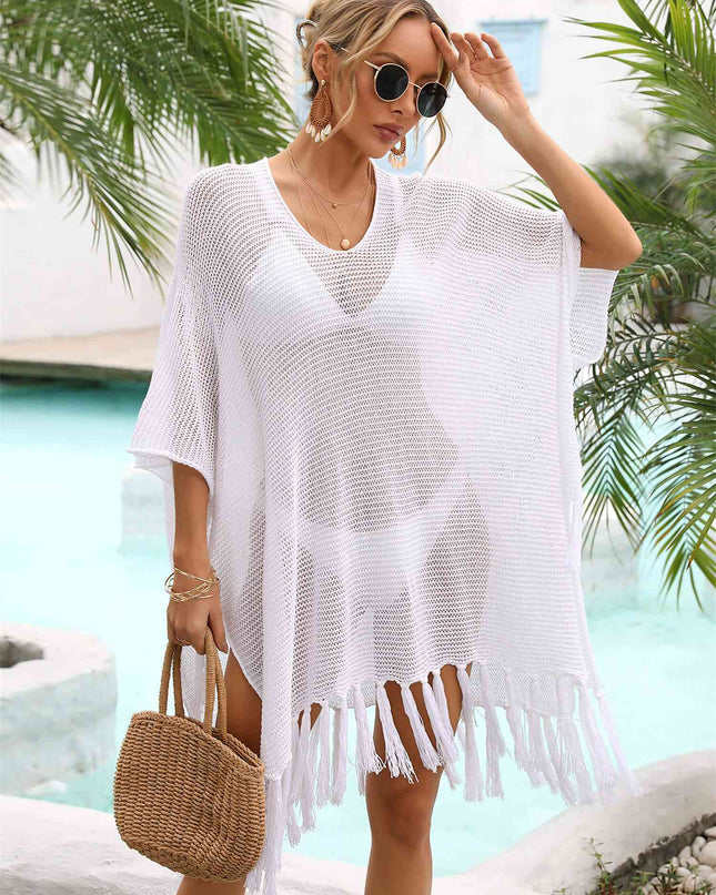 Fringe Trim Dolman Sleeve Openwork Cover-Up
