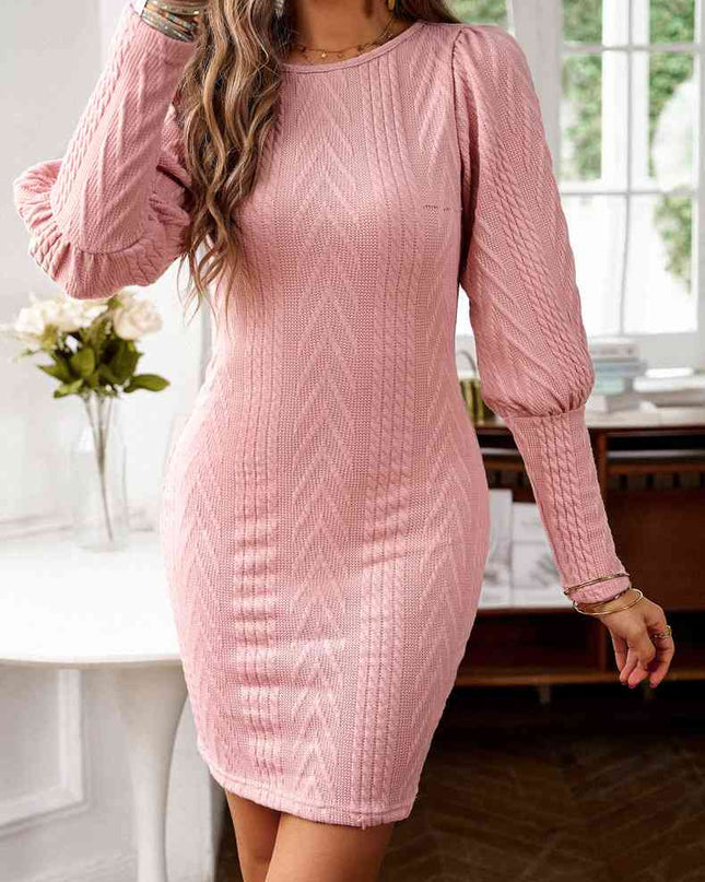 Cable-Knit Round Neck Lantern Sleeve Sweater Dress