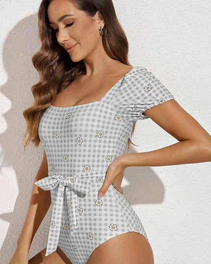 Square Neck Tie Detail One-Piece Swimsuit