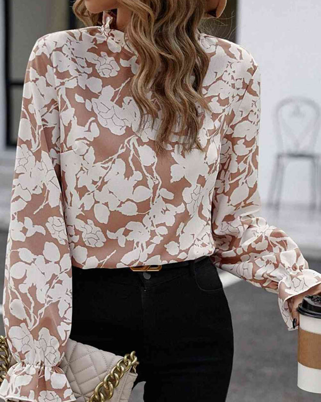 Floral Print Mock Neck Flounce Sleeve Blouse