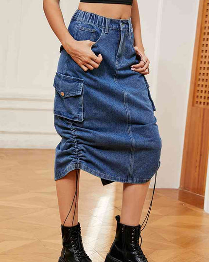 Drawstring Denim Skirt with Pockets